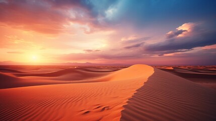Fototapeta na wymiar Global warming concept. Lonely sand dunes under dramatic evening sunset sky at drought desert landscape