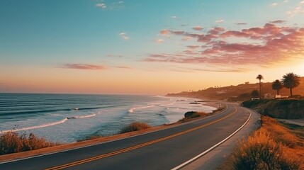 highway landscape at colorful sunset. Road view on the sea. colorful seascape with beautiful road....