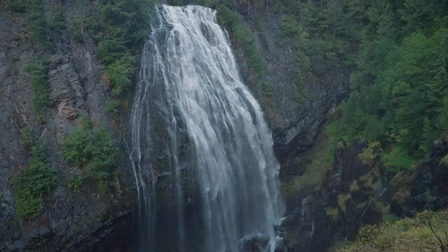 Narada Falls The Magical Waterfall Beautiful Cascade in Mount Rainier National Park, Washington, USA in Slow Motion