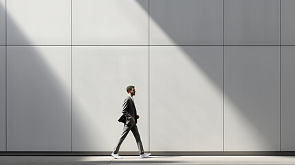 Man in business suit walking down sidewalk 