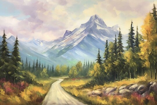 An artwork depicting a scenic mountain road with a majestic mountain range in the distance. Generative AI