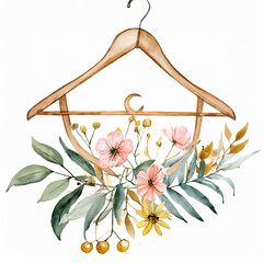 Clothes hangers with flowers, watercolor sewing logo. Vintage logo. Boho logo design.