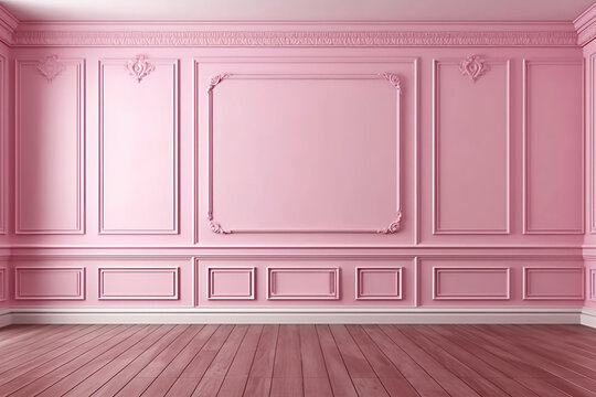 Empty pink plaster wall and floor in apartment, modern interior.