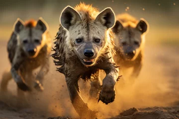Foto op Canvas Hyenas Wildlife Hunting - Aggressive Charge Close-Up Shot Reveals Running Animal in Africa with Intense Aggression and Fierce Anger, Powerful Wildlife Action © Suthanee
