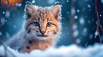 Fotobehang Lynx Cub in a Snow © LadyAI