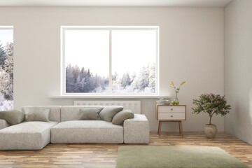 White living room with sofa and winter landscape in window. Scandinavian interior design. 3D illustration