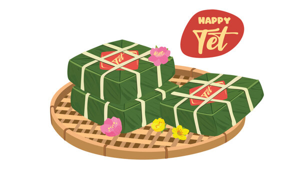 Chung cake vector set. Chung cake on flat winnowing basket with ochna and peach blossom. Vietnamese cuisine. Vietnamese traditional new year. Square sticky rice stuffed in green leaves. Banh chung.