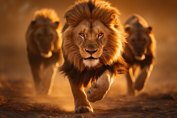 Lions Wildlife Hunting - Aggressive Charge Close-Up Shot Reveals Running Animal in Africa with Intense Aggression and Fierce Anger, Powerful Wildlife Action