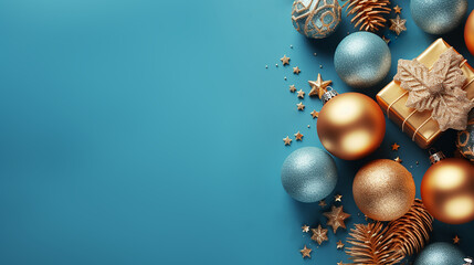 Holiday Christmas card background with festive decoration. Space for text Merry Christmas and happy New Year. AI generate