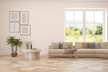 White living room with sofa and summer landscape in window. Scandinavian interior design. 3D illustration