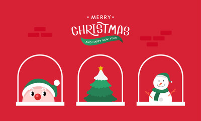 Christmas greeting card design. Vector illustrations for holiday post graphic with Santa Claus, Christmas tree, and Snowman