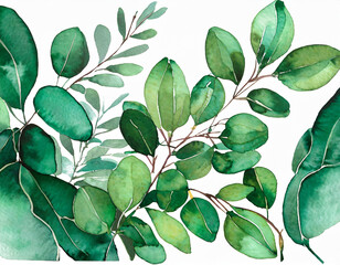 Watercolor eucalyptus clipart. Emerald greenery. Retro style.