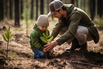 Happy father and son planting trees in forest. AI Generated Images - Powered by Adobe