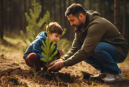 Happy father and son planting trees in forest. AI Generated Images