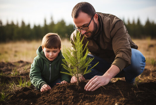 Happy father and son planting trees in forest. AI Generated Images - Powered by Adobe