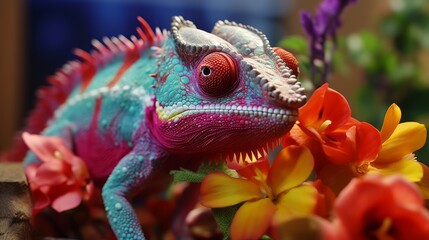 Obraz premium Chameleon on the flower. Beautiful extreme close-up.