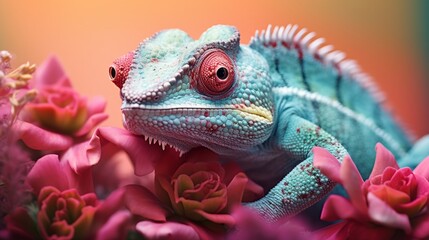 Chameleon on the flower. Beautiful extreme close-up.