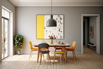 Bright dining area with table, chair, and partition. Wall is empty. Generative AI
