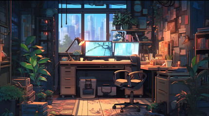 lofi living room with study table, anime style, 80s, aesthetic, pixel art