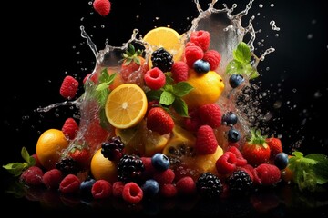 Juice overflowing colorful summer fruits on dark background. Generative AI