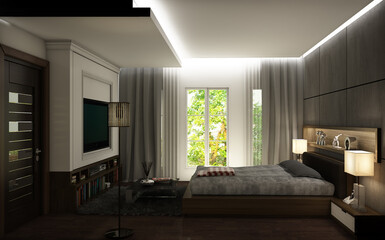 3d render illustration Classic loft style bedroom in black gray color Looks good, stylish, decorated to be sharp and unique view 2