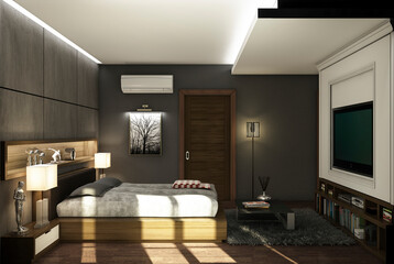 3d render illustration Classic loft style bedroom in black gray color Looks good, stylish, decorated to be sharp and unique