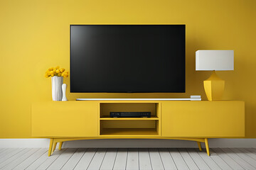 Yellow color wall Background, minimal living room interior decor with a TV cabinet.