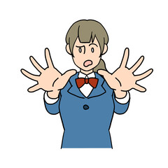 ちょっと待ってのジェスチャーをする女子学生