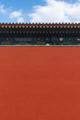 View of palace in Forbidden city against blue sky in Beijing
