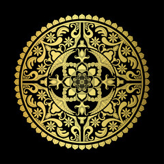 Golden mandala, circular shape, golden scroll flowers.