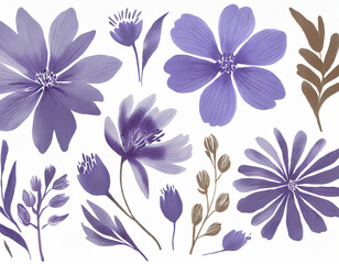 Very peri flowers clip-art. Purple flowers on a white background. Hand-painted abstract botanical illustrations bundle.