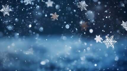 Obraz na płótnie Canvas Falling snowflakes on night sky white background. Bokeh with white snow and snowflakes on a blue background.