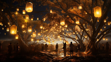 People standing outside at night at a festival with lanterns. Golden light. Generative AI 