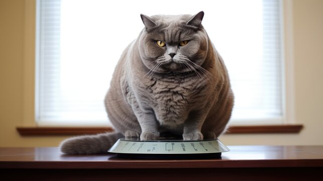 Fat cat sitting on the scale with sad face 