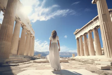 Papier Peint photo autocollant Athènes Young woman in a long white dress on the background of the Parthenon, Greece, Female tourist standing in front of the Parthenon, rear view, full body, AI Generated