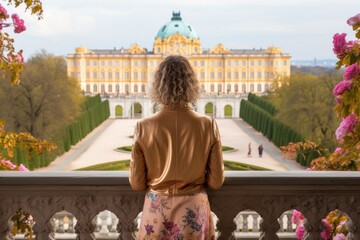 Young woman in front of Belvedere palace in Vienna, Austria, Female tourists standing in front of the Schonbrunn royal palace garden and enjoying the view, rear view, full body, AI Generated - obrazy, fototapety, plakaty