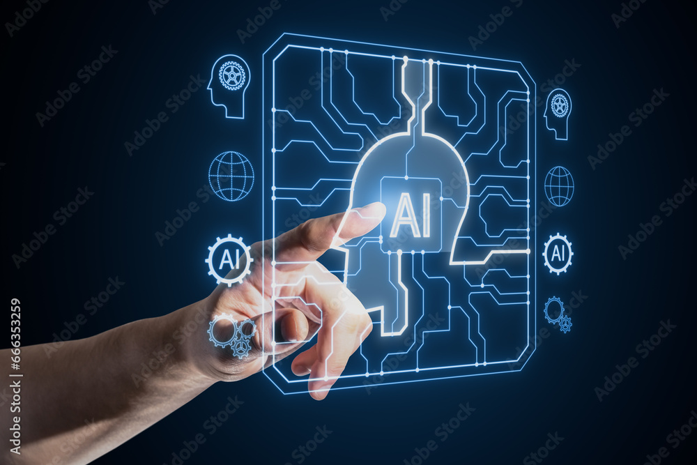 Poster close up of man hand pointing at creative ai head outline hologram with circuit on blurry blue backg
