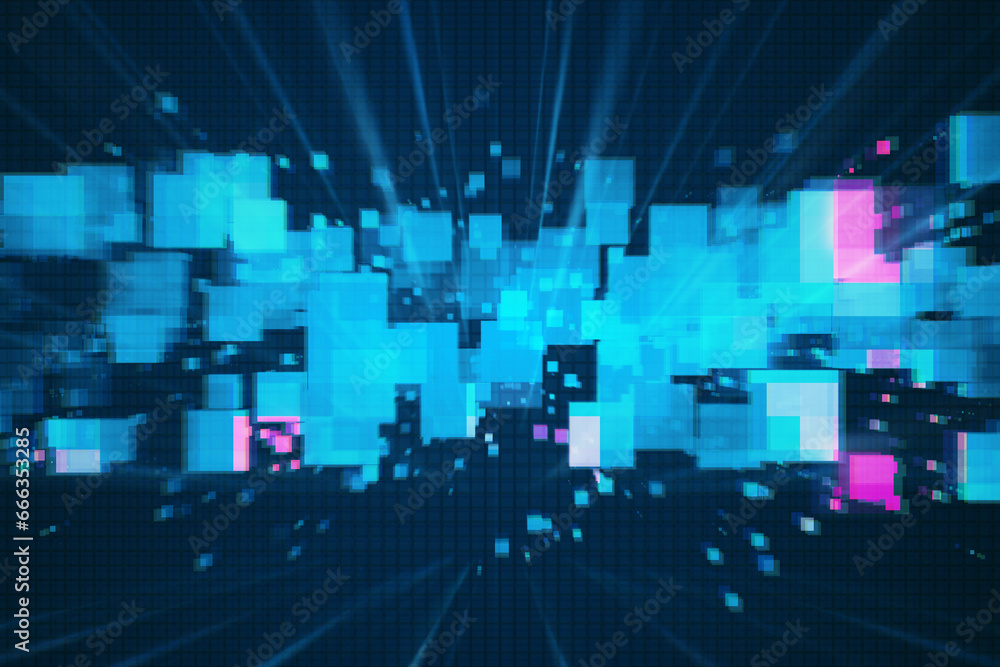 Poster Creative pixels on abstract dark blue backdrop. Landing page and innovation concept. 3D Rendering.