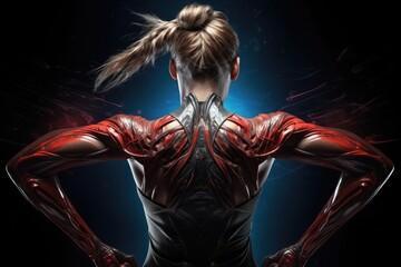Female athlete with back pain on a dark background. Back view, Fitness girl rear view with arms stretched out, detailed muscles, AI Generated