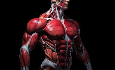 Human Body Anatomy with muscle maps isolated on black background. 3D Rendering, Fitness model with abs standing, top section cropped, front view, detailed muscles, AI Generated - obrazy, fototapety, plakaty