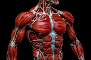 Human Muscles Anatomy with black background, 3D Rendering, Fitness model with abs standing, top section cropped, front view, detailed muscles, AI Generated