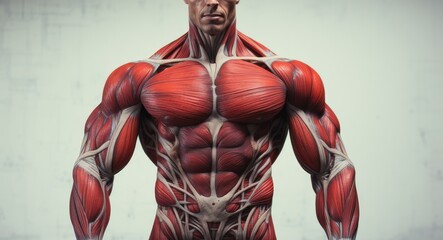 Fototapeta na wymiar Muscular man with red muscle on a white background.3d rendering, Fitness model with abs standing, top section cropped, front view, detailed muscles, AI Generated