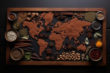 spices and herbs in wooden box on dark wooden background, top view, Follow the spice trails with a map highlighting the origins of aromatic treasures from around the world,  AI Generated