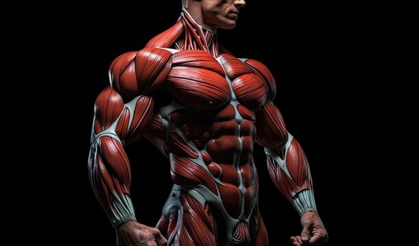 Human Muscle Anatomy - Male Muscular Body Isolated on Black Background, Fitness model with abs standing, top section cropped, front view, detailed muscles, AI Generated
