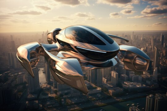 3D rendering of a spaceship flying in the sky over the city, Flying cars of the future , AI Generated