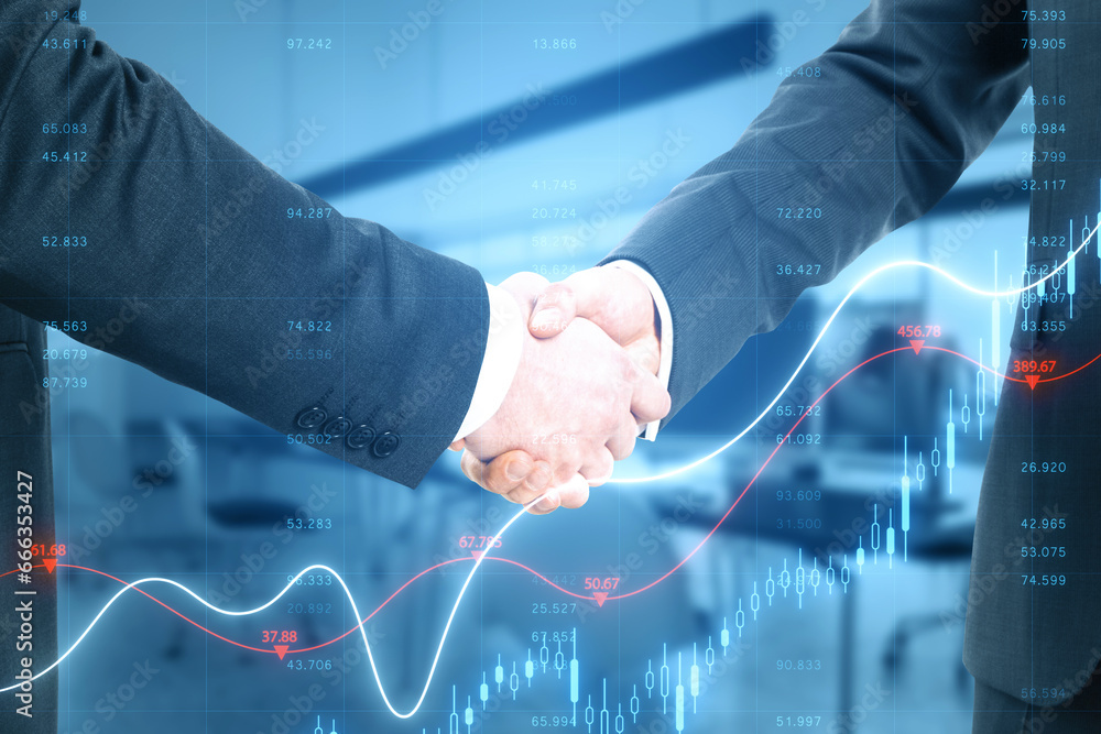 Poster close up of businessmen shaking hands with growing blue forex chart and index on blurry background. 