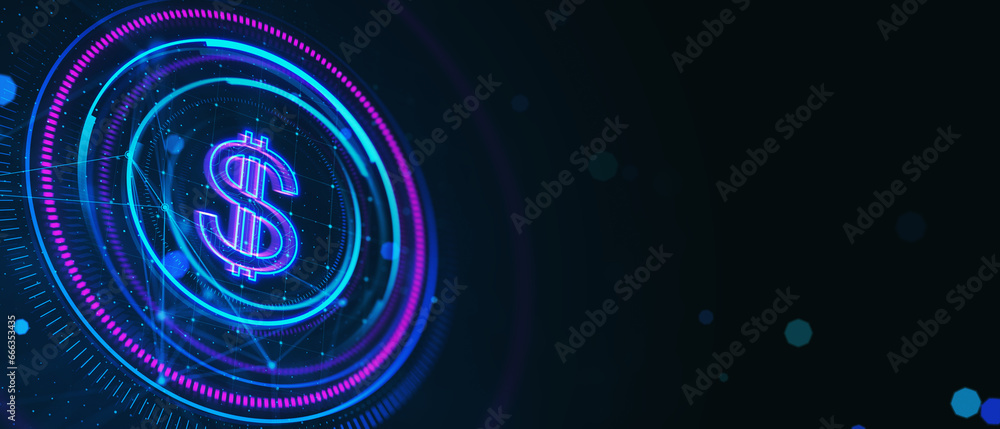 Poster Creative glowing round polygonal button with dollar sign on dark background with mock up place. Online banking and money concept. 3D Rendering.
