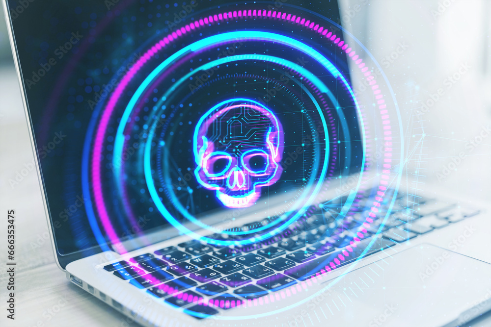 Poster close up of laptop on desk with creative digital round skull hologram on blurry background. hacking,