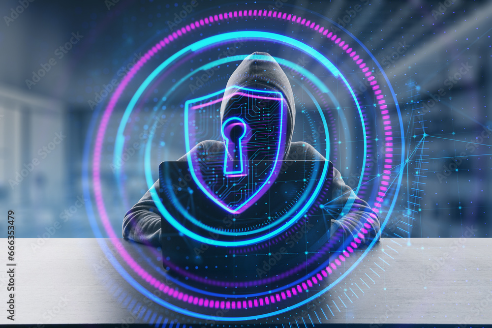 Poster hacker in hoodie using laptop with digital round polygonal padlock button on blurry interior backgro