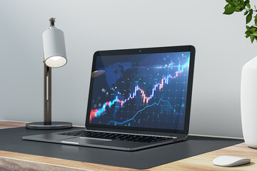 Close up of laptop with candlestick forex chart on screen placed on wooden office desk with lamp and vase. Trade, finance and growing market concept. 3D Rendering.